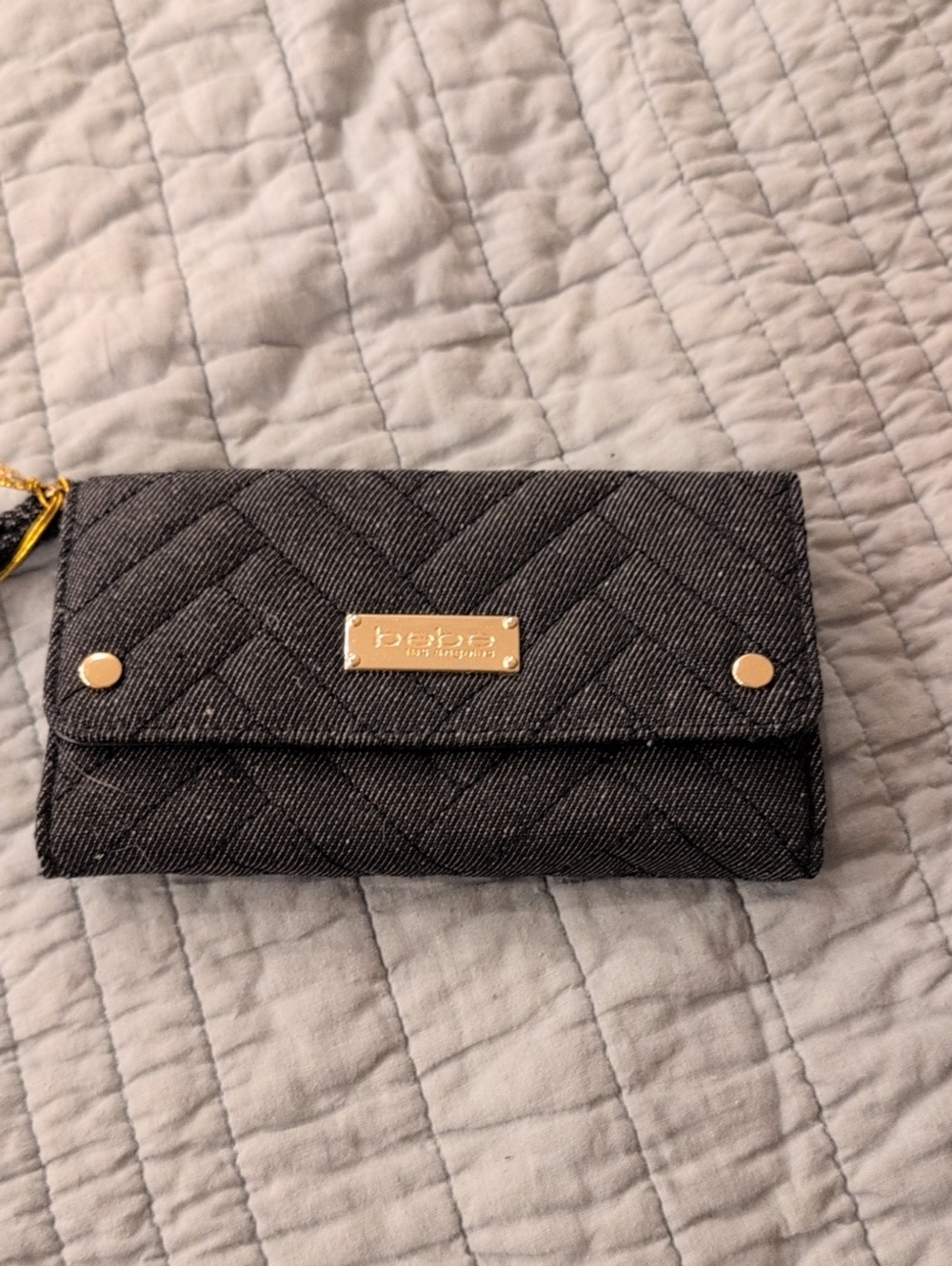 bebe Quilted Charcoal Wallet with Gold Plaque